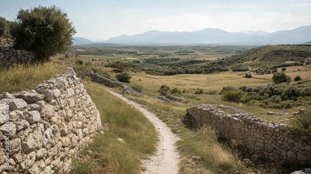 Ancient Path Through Ruins, Valley View, Sunny Day Ancient Path Through Ruins, Valley View, Sunny Day
