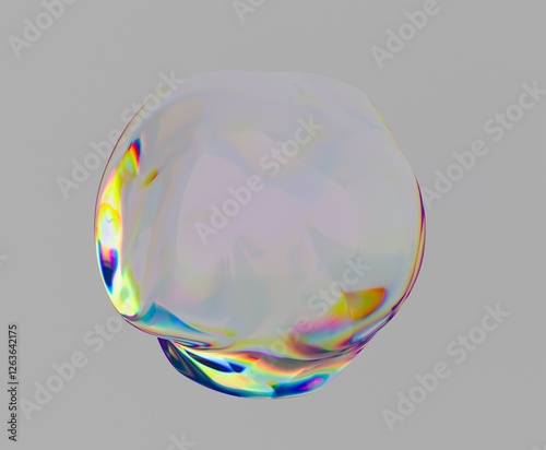 Translucent liquid blob with chromatic aberration on neutral background. Abstract 3d illustration of transparent sphere.