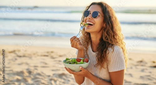 Woman enjoying a fresh salad on the beach, radiating happiness and health