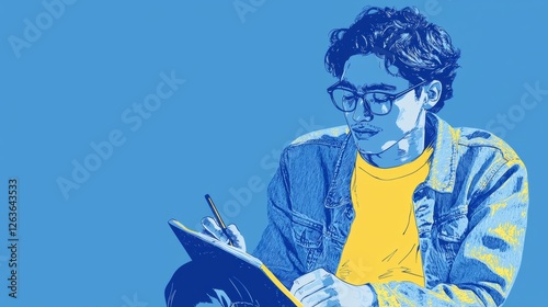 Man Writing in Notebook Pop art aesthetics illustration.