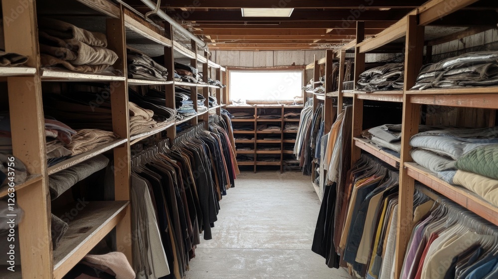 Clothing storage in a warehouse, organized clothing racks, and bright light