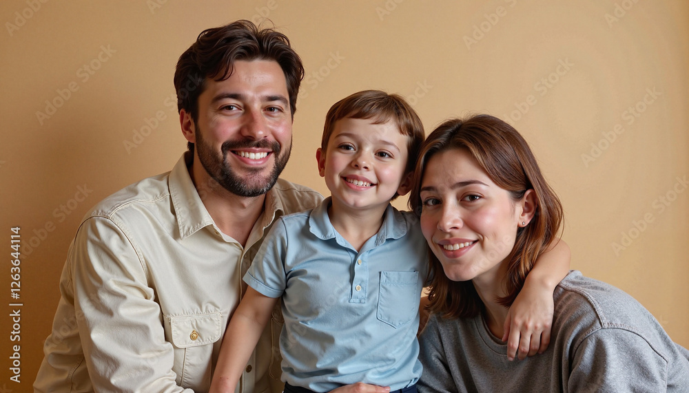 Smiling family with child posing against neutral background