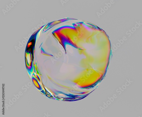 Glitched translucent orb with chromatic aberration on neutral background. Abstract 3D illustration of transparent sphere.
