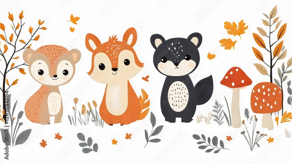 Naklejka premium A group of cartoon animals, including a bear, a rabbit, and a squirrel