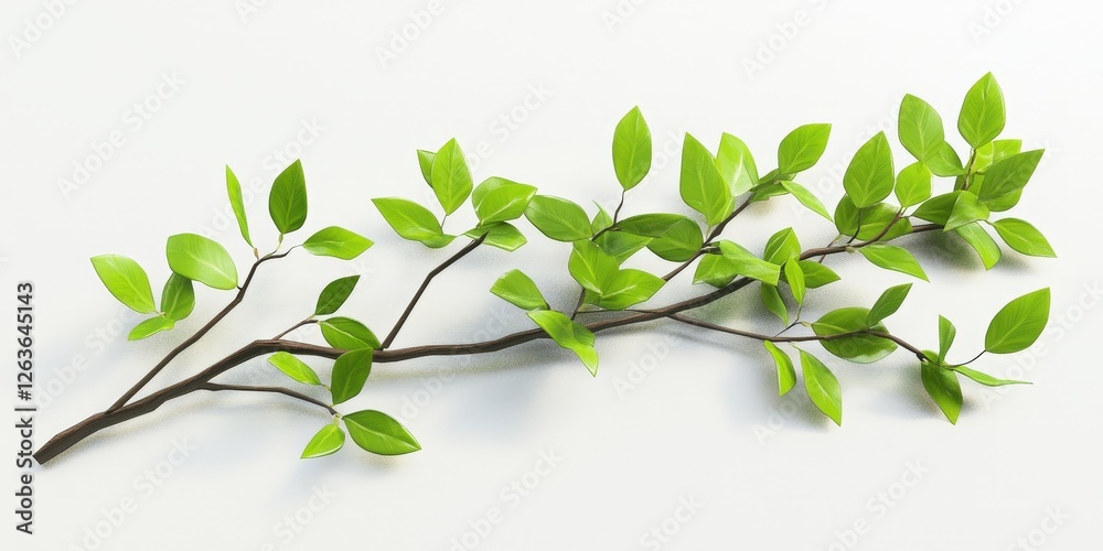 Vibrant, glossy green leaves cascade horizontally from a slender branch against a pristine white backdrop, exuding lush elegance and vitality Vibrant, glossy green leaves cascade horizontally from a slender branch against a pristine white backdrop, exuding lush elegance and vitality