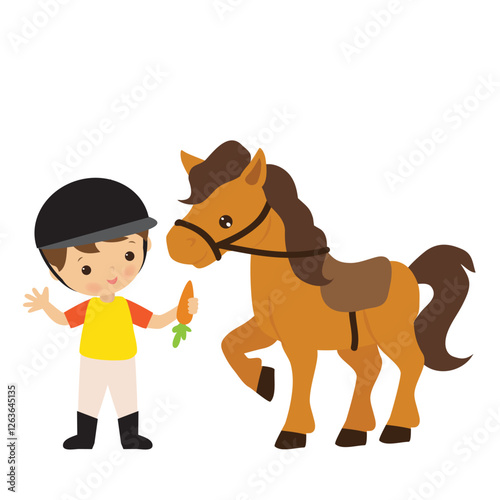 A boy gives a carrot to a horse. Equestrian sport vector cartoon illustration