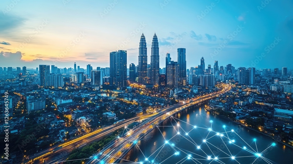 Fototapeta premium Bridges with city financial downtown skyline panorama at daytime. Concept of data protection, regulation, and privacy for individuals