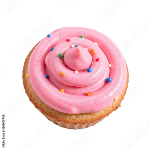 Close-up overhead view of a single pink cupcake with sprinkles. photo