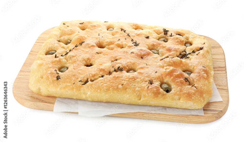Delicious focaccia bread with olives and thyme isolated on white Delicious focaccia bread with olives and thyme isolated on white
