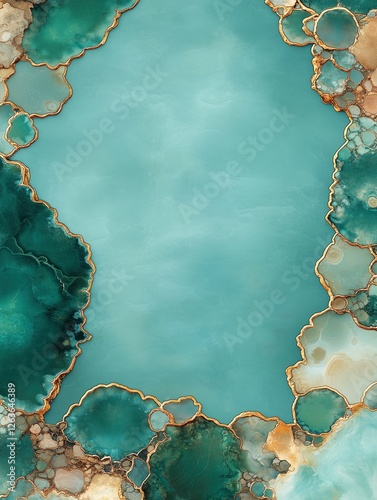Elegant abstract design featuring turquoise and gold with organic shapes and flowing textures