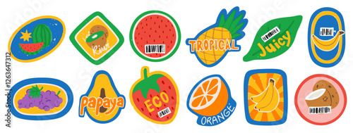 Collection of textured fruit stickers with tropical and organic fruits like bananas, pineapples, strawberries, and oranges. Paper Stickers. Eco, vegetarian, healthy tag. Isolated on white background.
