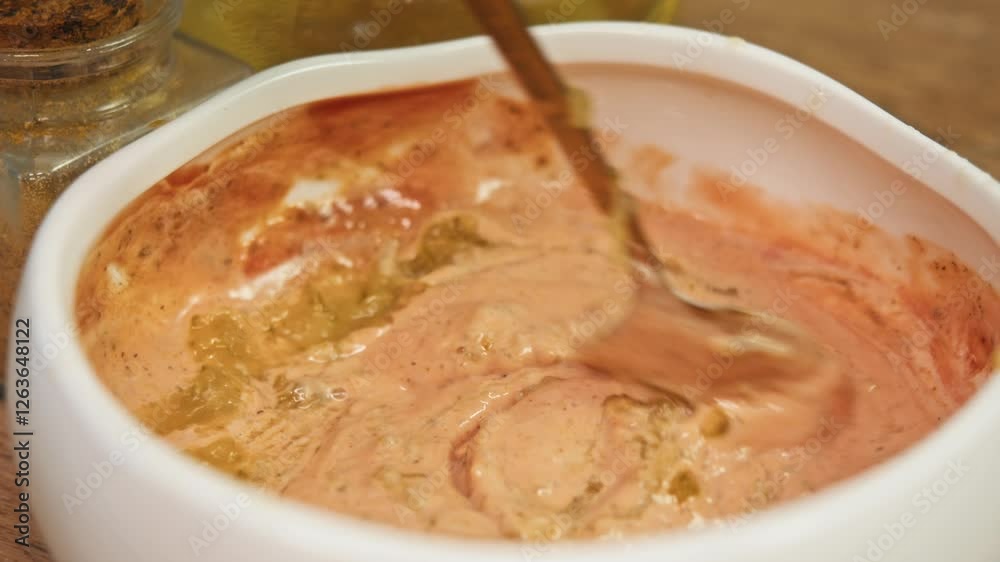 Delicious, juicy red burger sauce, based on mayonnaise, ketchup, and sour cream, with addition of pickled cucumber, is mixed in white bowl with spoon. Delicious, juicy red burger sauce, based on mayonnaise, ketchup, and sour cream, with addition of pickled cucumber, is mixed in white bowl with spoon.