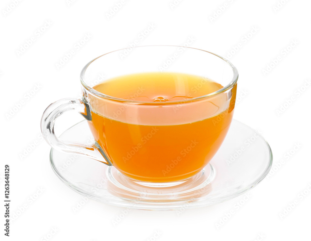 Aromatic turmeric tea in glass cup isolated on white Aromatic turmeric tea in glass cup isolated on white