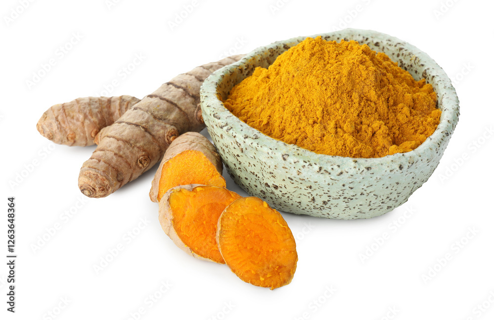 Turmeric powder in bowl and roots isolated on white Turmeric powder in bowl and roots isolated on white