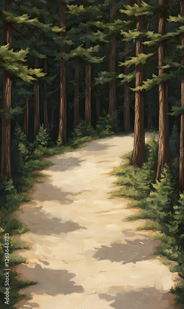 Sunny Forest Path Leads Through Tall Trees Sunny Forest Path Leads Through Tall Trees