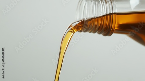 Oil pouring from bottle on gray background photo