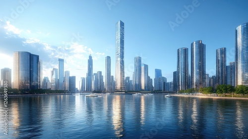 City view of downtown skyscrapers, harbor area, daytime. Concept of data protection regulation and privacy for individuals