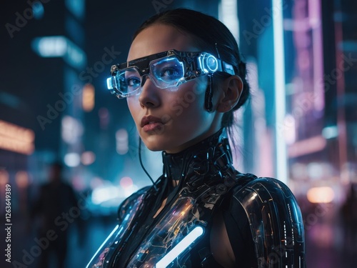 Futuristic urban setting featuring a female wearing illuminated glasses and a sleek outfit at night in a bustling cityscape