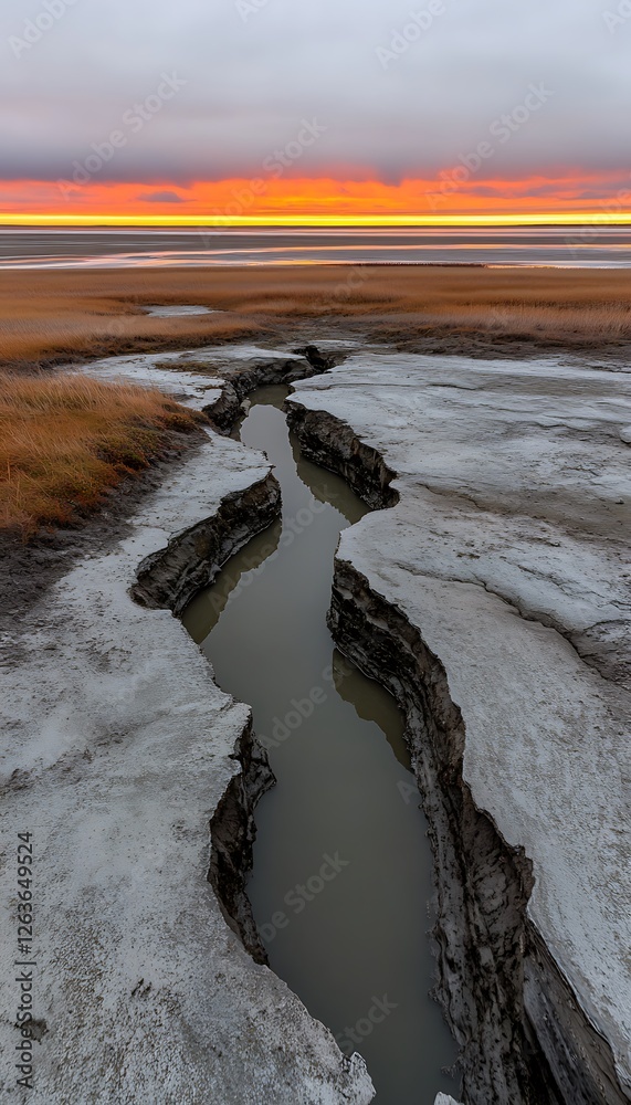 Sunrise crackled riverbed, marshland, erosion Sunrise crackled riverbed, marshland, erosion