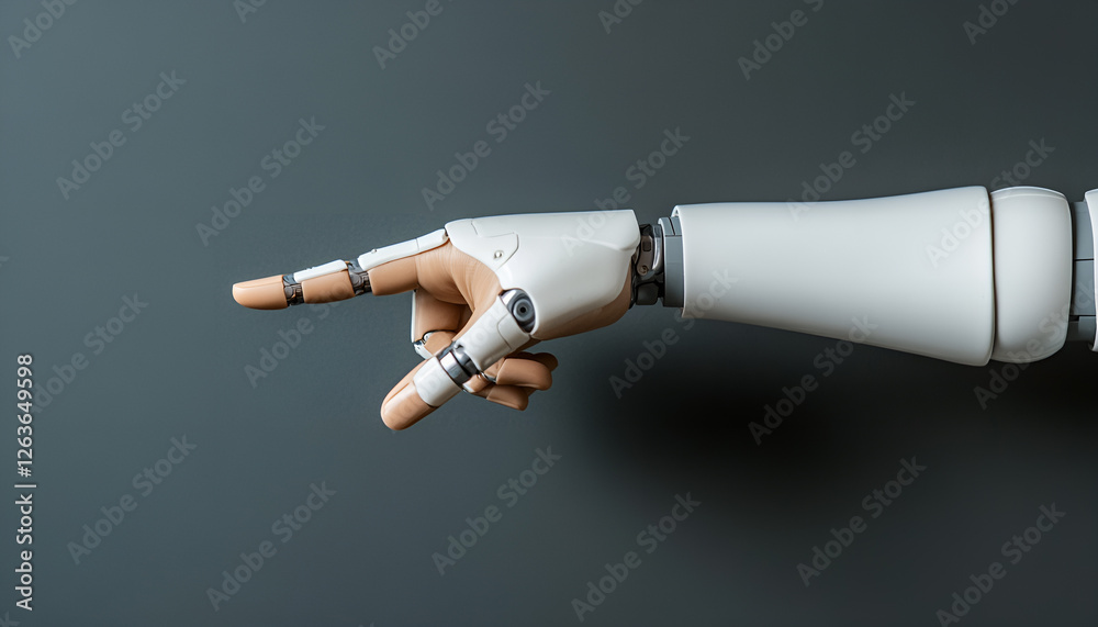 Artificial intelligence. Robot hand pointing at something on a gray background, space for text Artificial intelligence. Robot hand pointing at something on a gray background, space for text