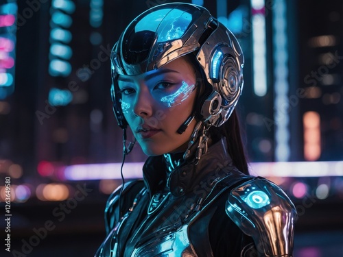 Futuristic female warrior in neon-lit cityscape wearing advanced technology headset during night time