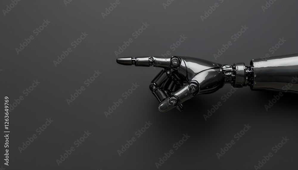 Fototapeta premium Artificial intelligence. Robot hand pointing at something on a gray background, space for text