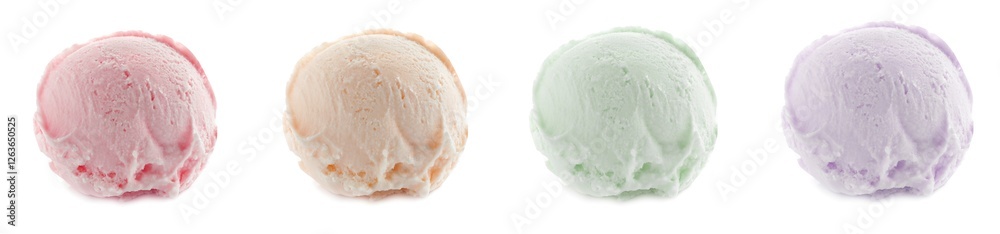 Tasty ice-cream, scoops of different flavors on white background, set Tasty ice-cream, scoops of different flavors on white background, set
