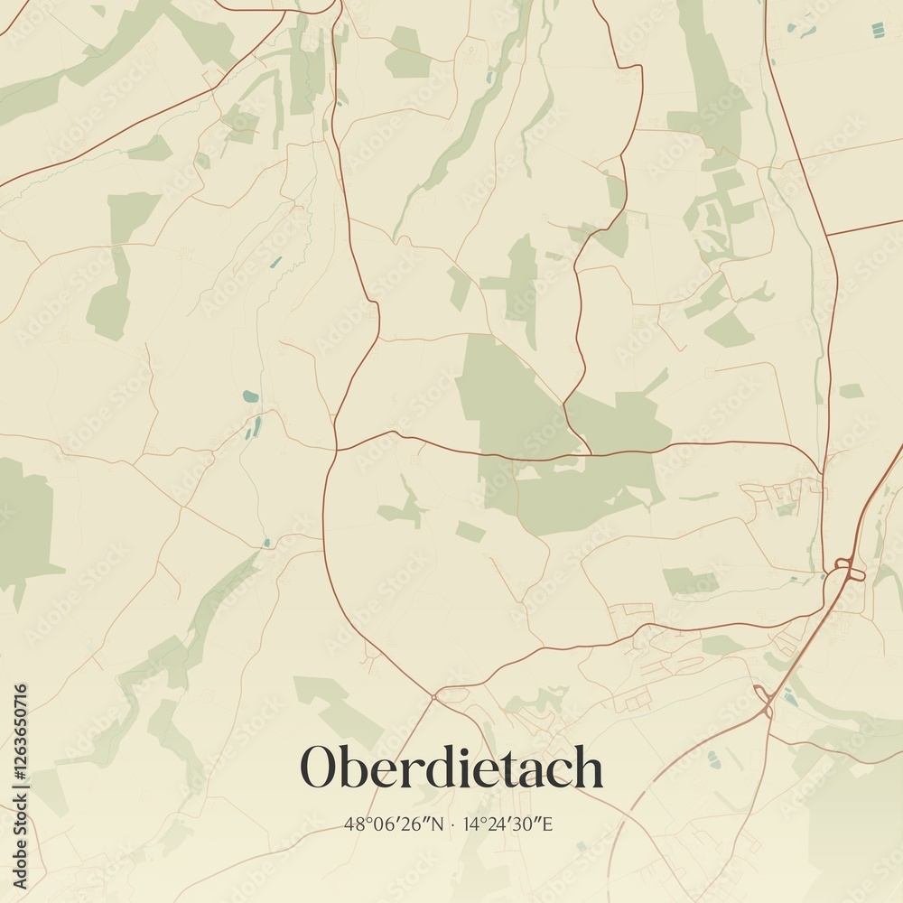 Vintage map of Oberdietach, Austria.