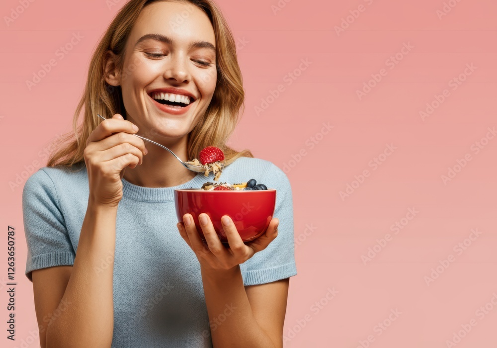 Woman enjoying a bowl of fresh berries and yogurt, promoting healthy eating Woman enjoying a bowl of fresh berries and yogurt, promoting healthy eating