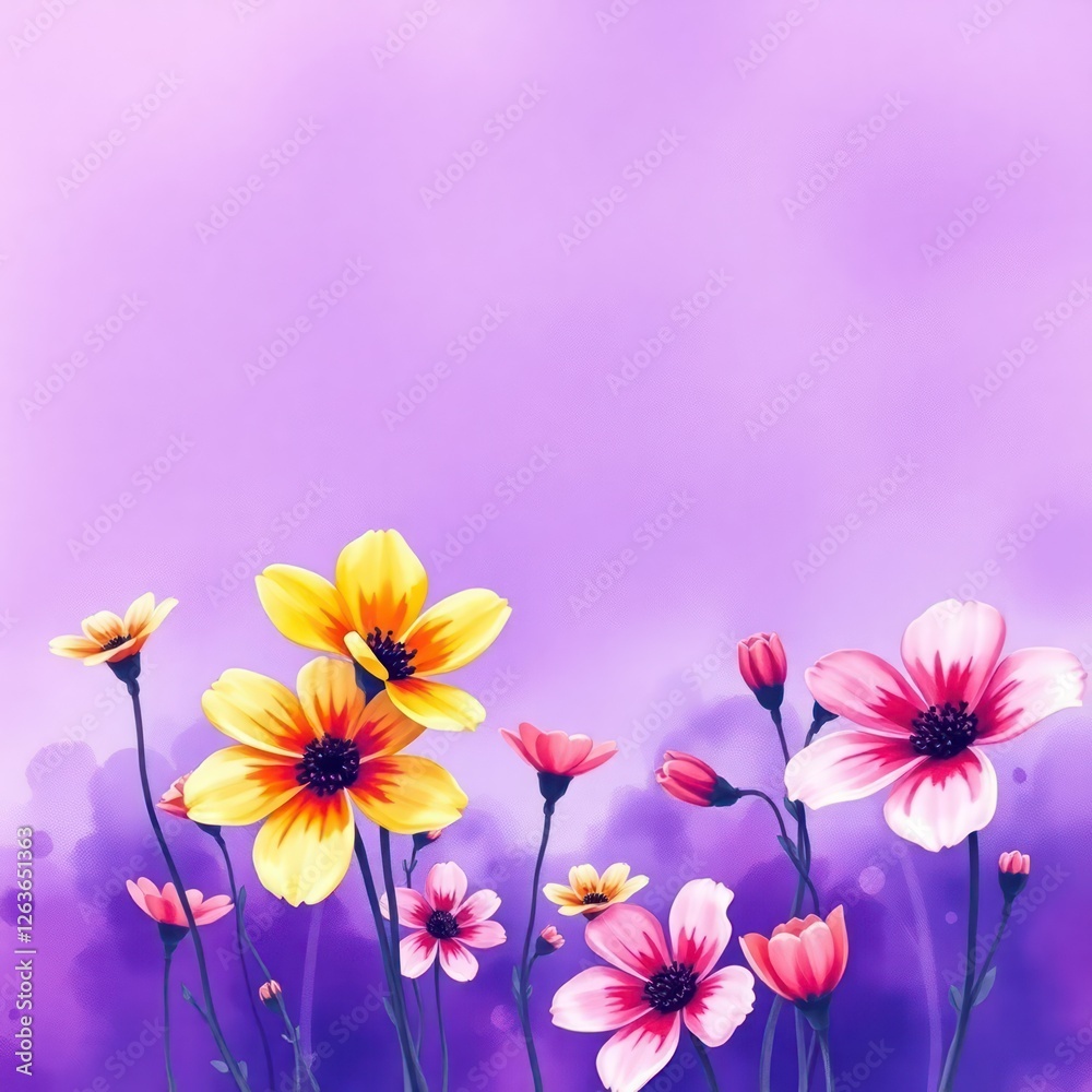Obraz premium This watercolor floral illustration showcases vibrant flowers in gentle hues, creating a light, airy aesthetic ideal for greeting cards, invitations, and more