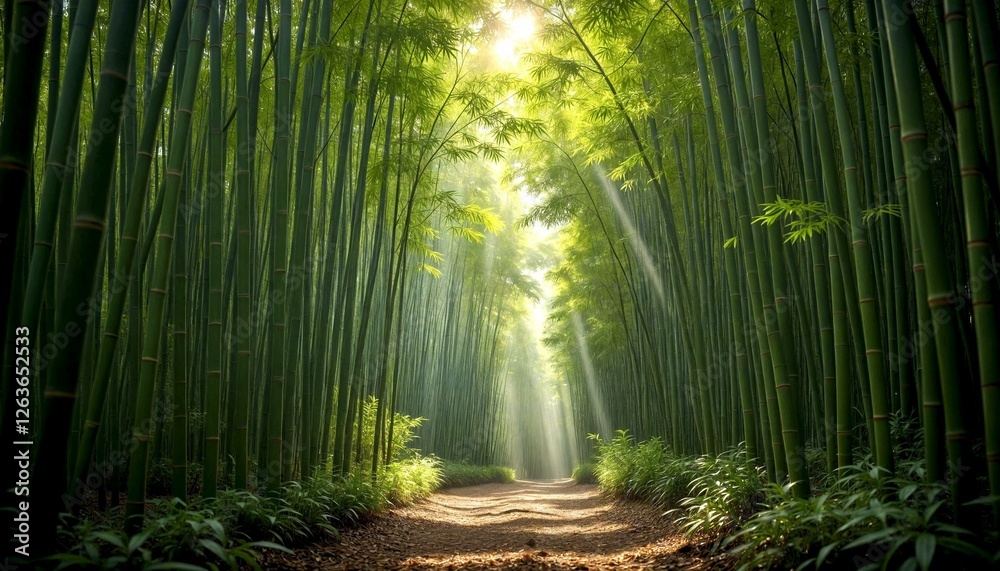 Obraz premium Sunlit Path Through Lush Bamboo Forest