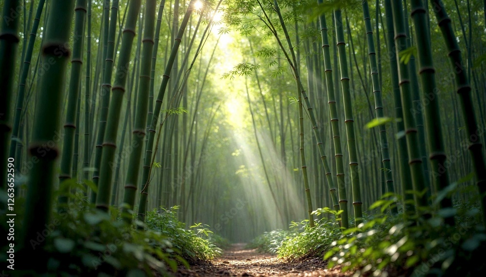 Sunlit Path Through Bamboo Forest Sunlit Path Through Bamboo Forest