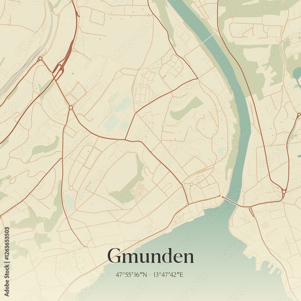 Vintage map of Gmunden, Austria.
