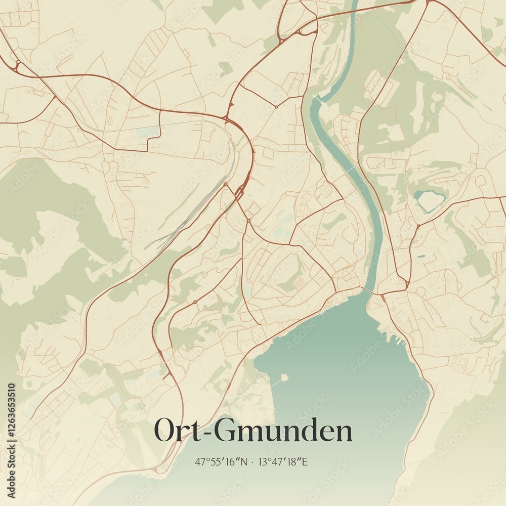 Vintage map of Ort-Gmunden, Austria.