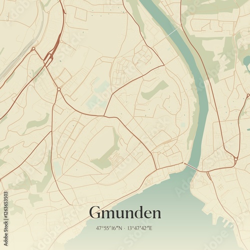 Vintage map of Gmunden, Austria.