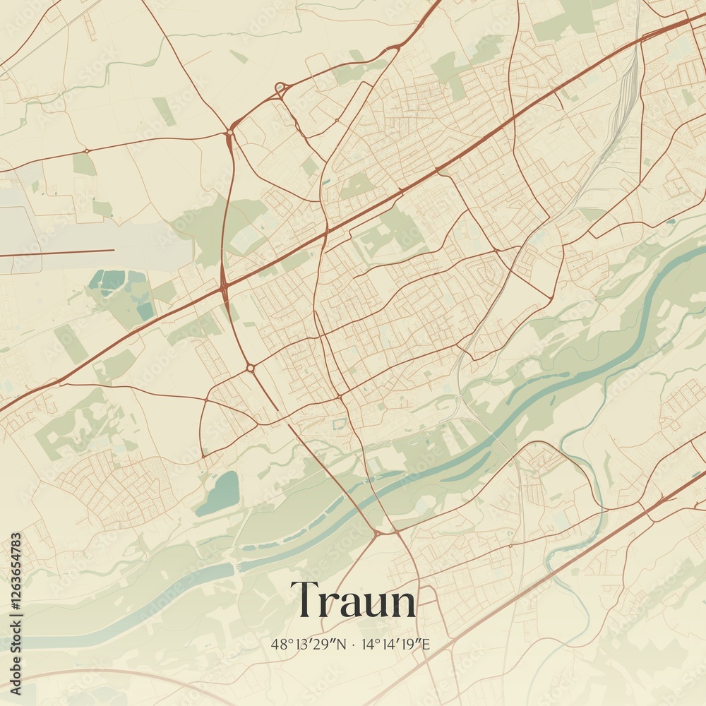 Fototapeta premium Vintage map of Traun, Austria.