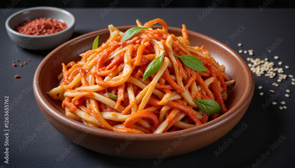 Delicious Korean style pasta dish with spicy red sauce and fresh basil leaves Delicious Korean style pasta dish with spicy red sauce and fresh basil leaves