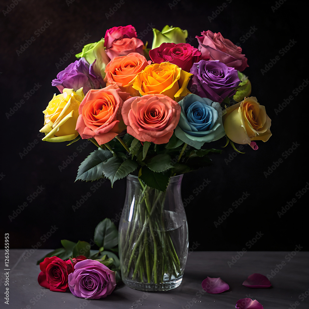 Vibrant multicolored roses glass vase dark background Vibrant multicolored roses glass vase dark background