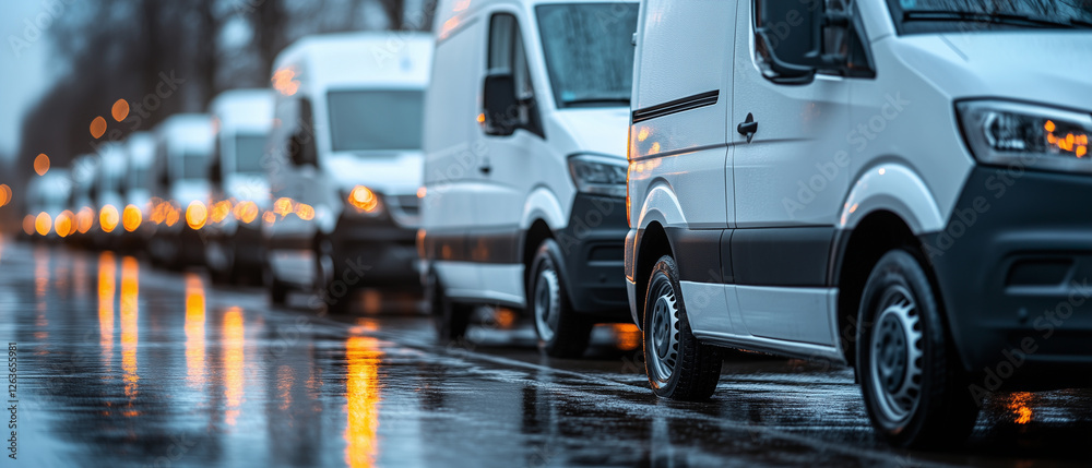 A row of white delivery vans parked on wet asphalt, reflecting city lights on a rainy evening. A row of white delivery vans parked on wet asphalt, reflecting city lights on a rainy evening.