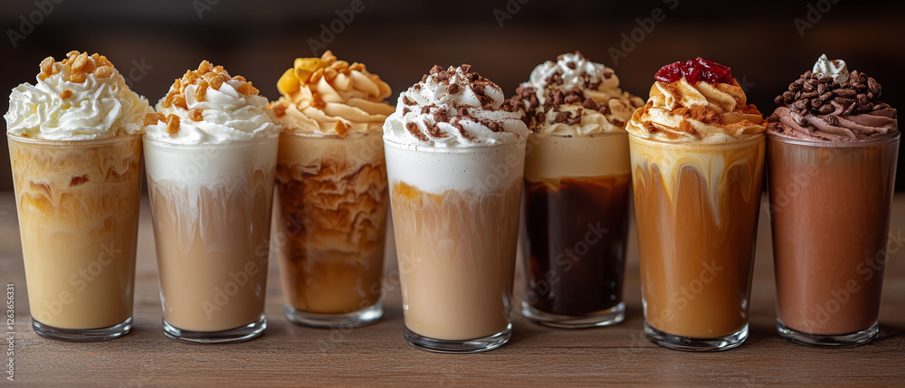 A variety of iced coffee drinks topped with whipped cream and delicious toppings in clear glasses.
