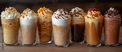 Obraz na płótnie A variety of iced coffee drinks topped with whipped cream and delicious toppings in clear glasses. w salonie
