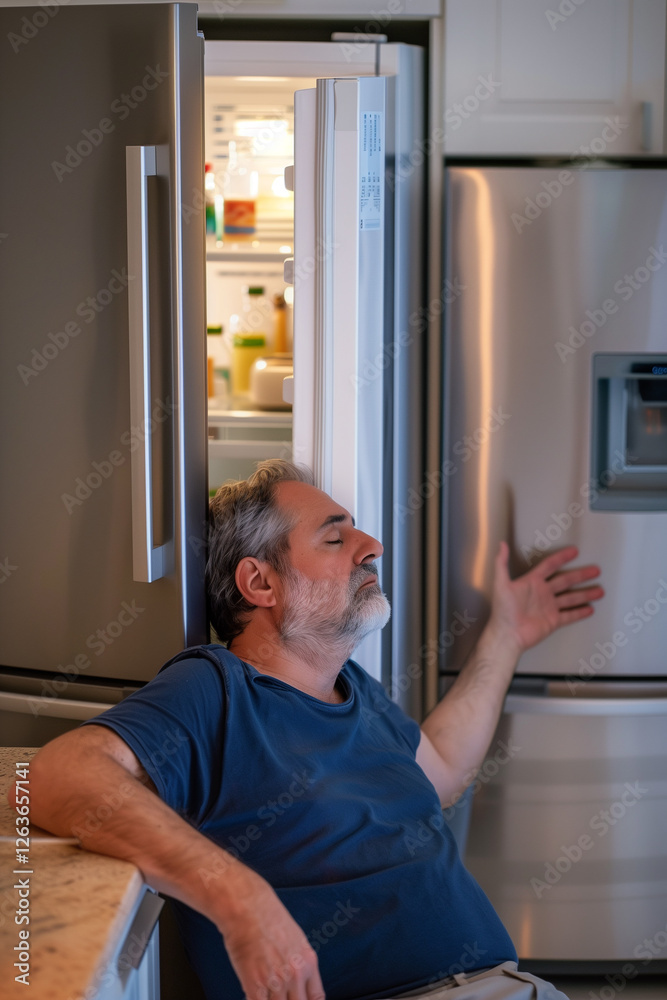 Fototapeta premium Middle-aged man resting against an open fridge