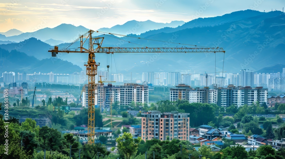 Obraz premium Modern skyscraper construction featuring a crane amidst an urban cityscape landscape