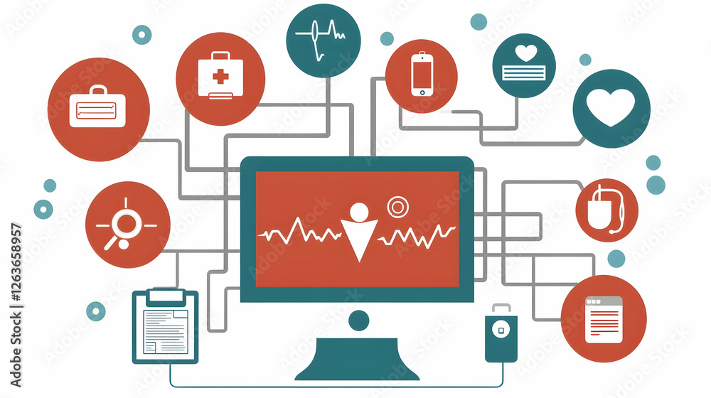 Connected Healthcare Digital patient data network on desktop, displaying health monitoring, medical records, and mobile integration Connected Healthcare Digital patient data network on desktop, displaying health monitoring, medical records, and mobile integration
