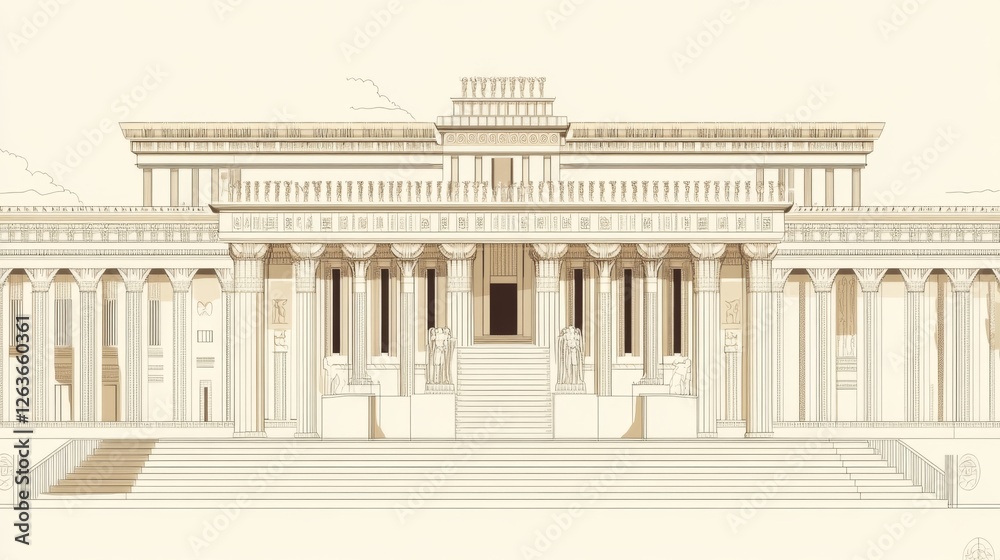 Obraz premium Ancient building facade, beige, ornate architecture, historical landmark, illustration
