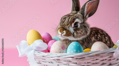 a wicker basket with colorful eggs and a rabbit in it on a pink background with copy space