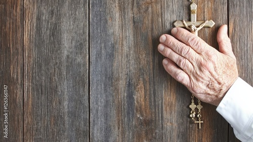 Caucasian elderly male hand touching wooden crucifix on rustic wooden surface