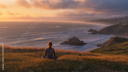 Teen meditating with a panoramic view of the ocean, captured from behind with soft golden light, mindfulness and serenity theme, landscape photography