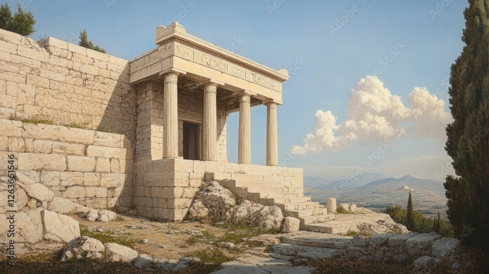 Ancient Greek temple, hilltop view, sunny day, distant mountains Ancient Greek temple, hilltop view, sunny day, distant mountains