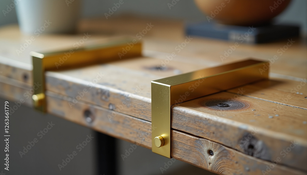 Modern gold metal handles on a rustic wooden table Modern gold metal handles on a rustic wooden table